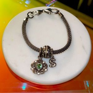 Pandora Bracelet with S Initial Charm and Light Green Gem and Heart Clasps